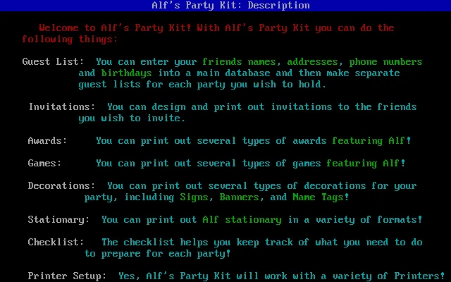 MS-DOS: Alf's Party Kit