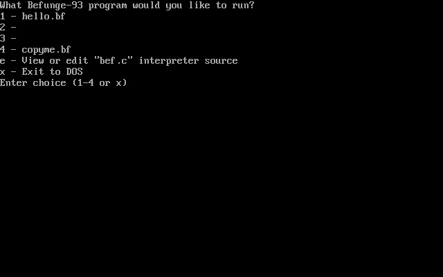 bef v2.11 (Befunge-93 interpreter) for DOS